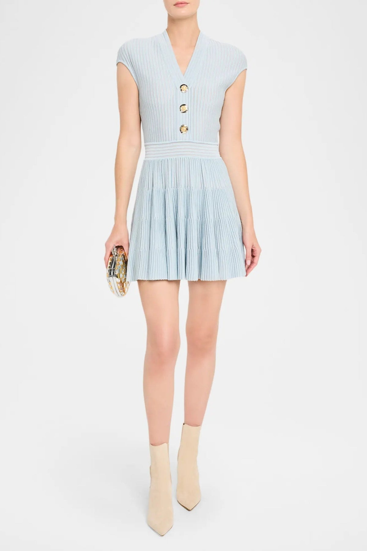 Short-Sleeve Flechage Knit Flare Mini Dress in Blue Avalabel