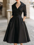 Vintage-Inspired Satin Midi Dress With Draped Collar Avalabel