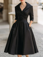 Vintage-Inspired Satin Midi Dress With Draped Collar Avalabel