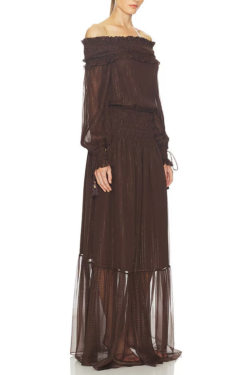 Tiffany Brown Off-Shoulder Long Sleeve Maxi Dress with Ruched Trim Avalabel
