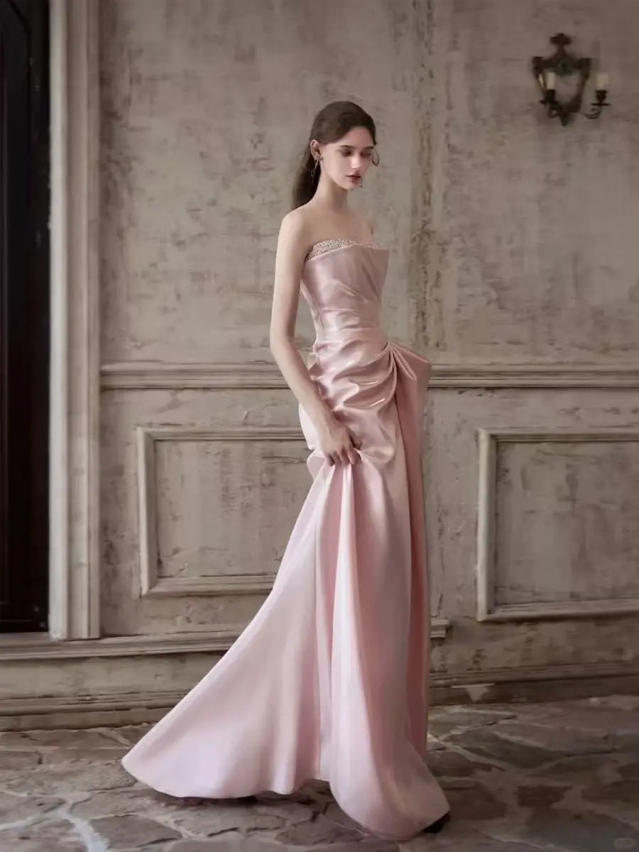 Mermaid Ruched Strapless Beading Pink Prom Dress Avalabel