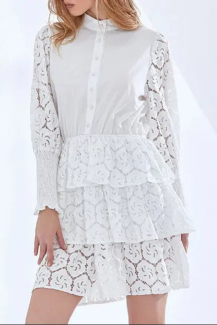 vanessa Long Sleeves Layered Lace Mini Dress in white Avalabel