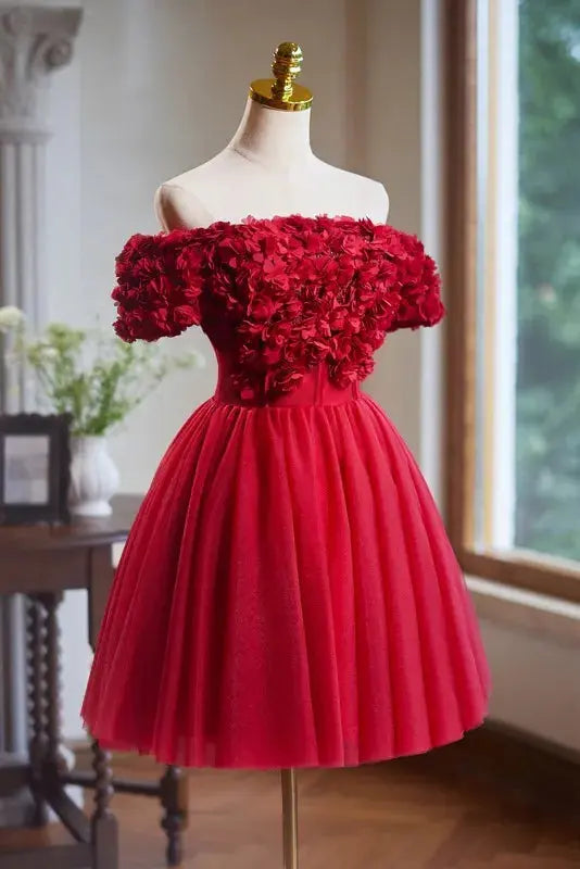 caroline Red 3d Appliques mini Prom Dress Avalabel