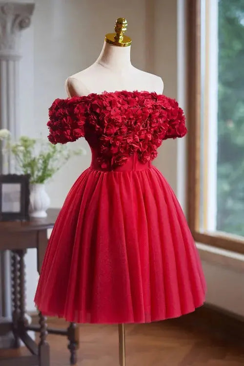 caroline Red 3d Appliques mini Prom Dress Avalabel