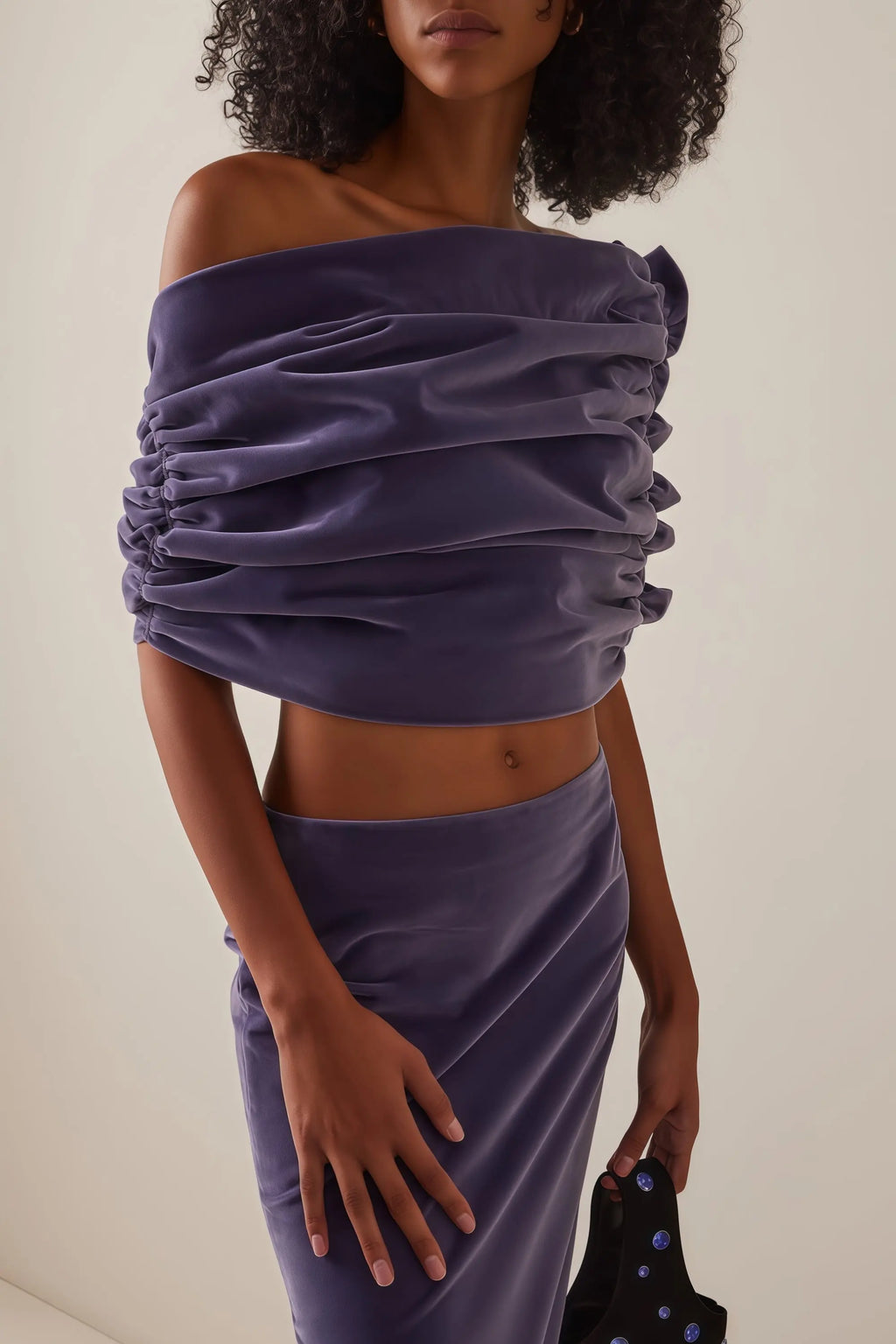 purple Asymmetrical cropped top velvet skirt two-piece set Avalabel