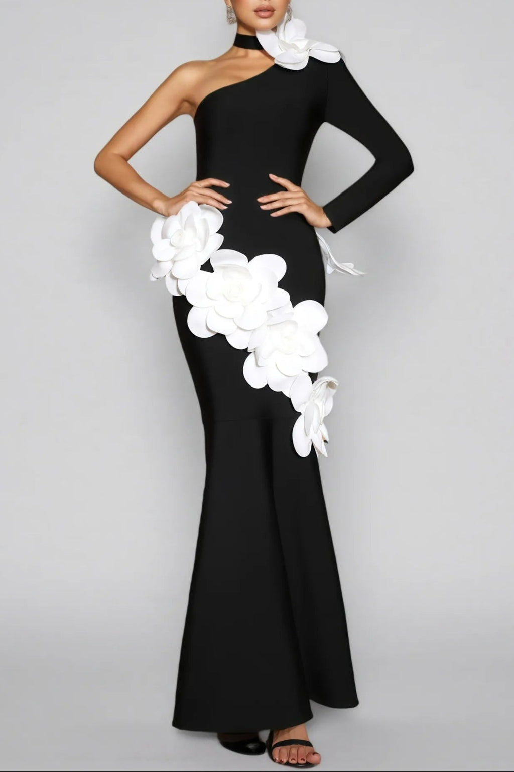 Gemma One Shoulder 3D Flower Bandage Maxi Dress in Black Avalabel