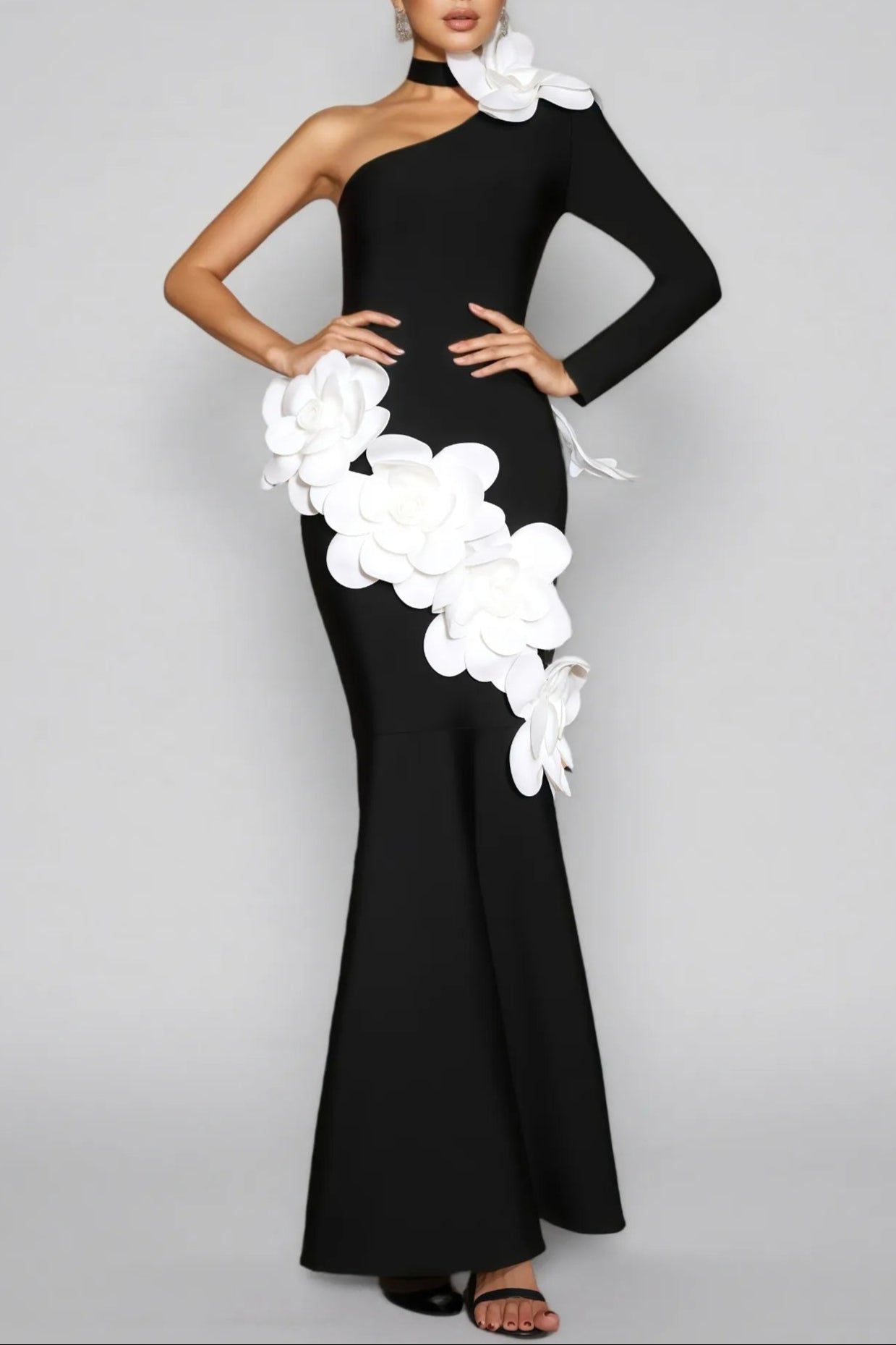 Gemma One Shoulder 3D Flower Bandage Maxi Dress in Black
