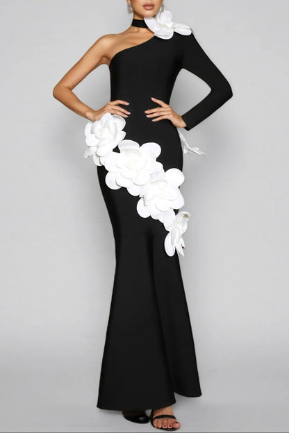 Gemma One Shoulder 3D Flower Bandage Maxi Dress in Black