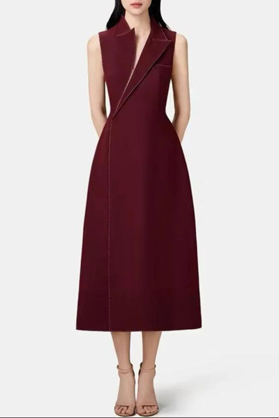 Asymmetric Collar Blazer Midi Dress in Red Avalabel