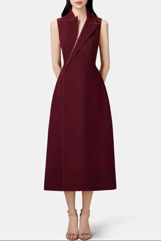 Asymmetric Collar Blazer Midi Dress in Red