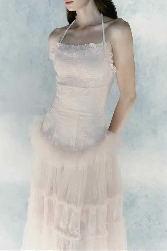 Hermosa Lace Splicing Layer Maxi Dress in Pink Avalabel