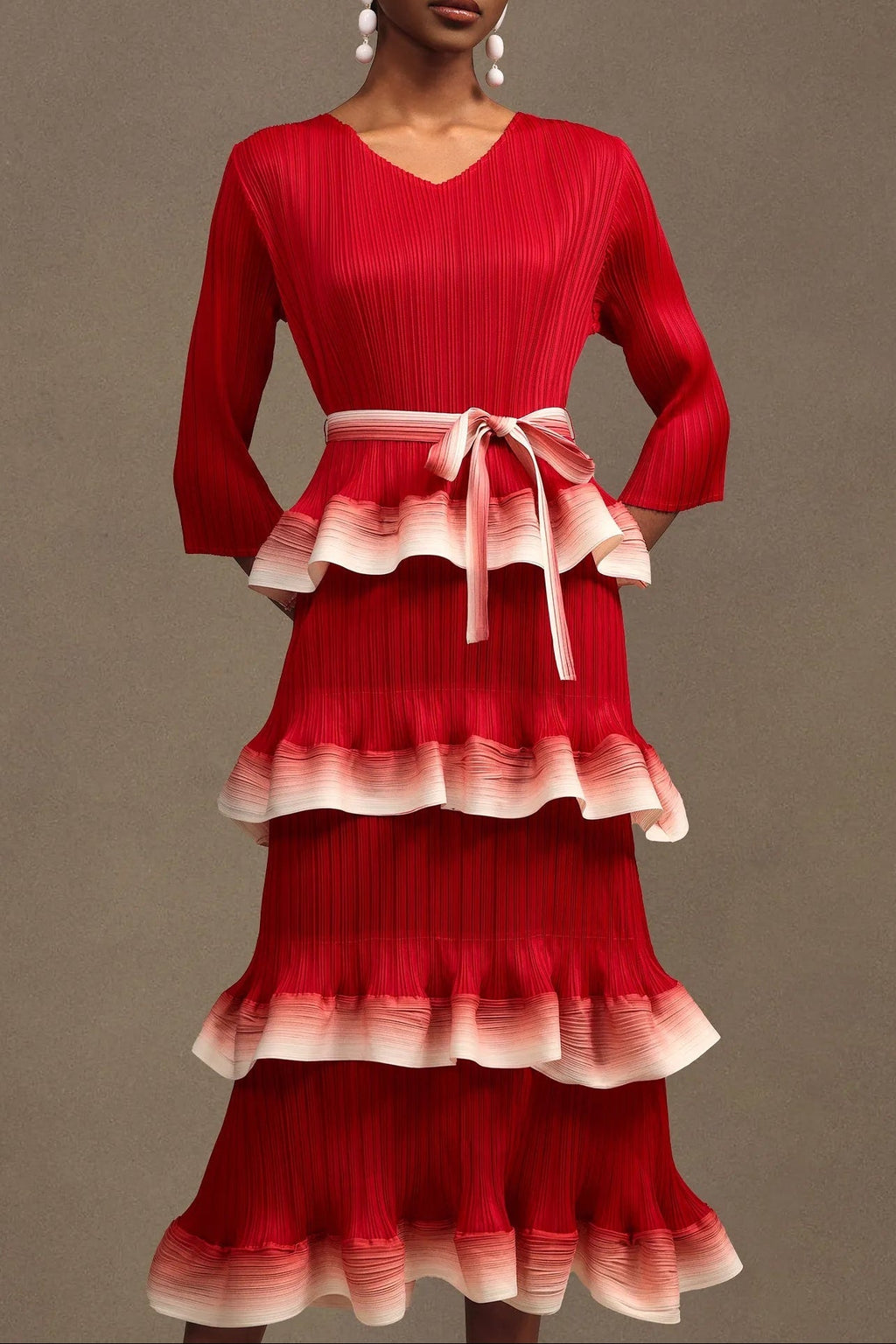 victoria Pleated Round Neck Long Sleeve Falbala Woven Maxi Dress in red Avalabel
