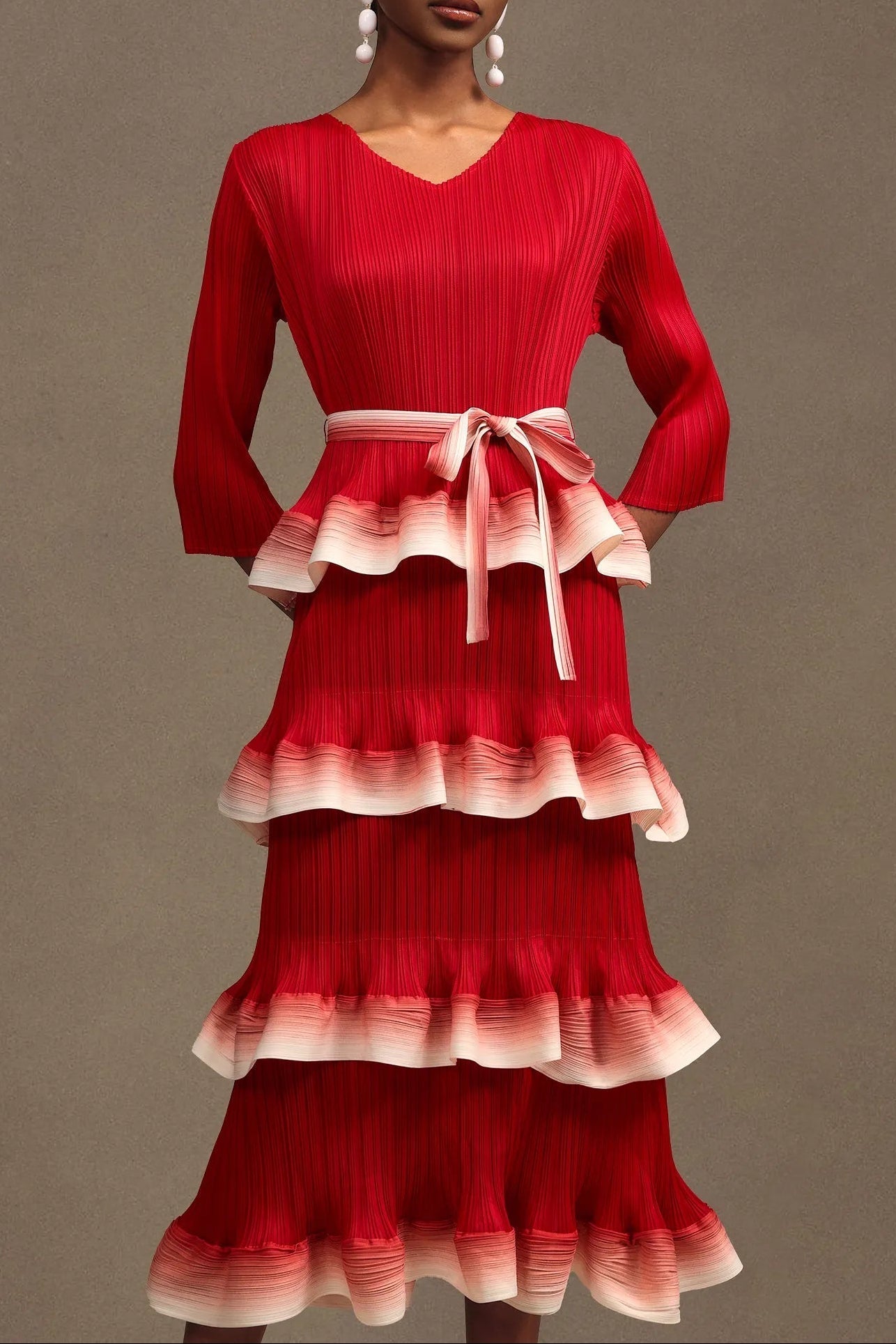 victoria Pleated Round Neck Long Sleeve Falbala Woven Maxi Dress in red Avalabel