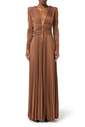 meroy Deep V puff sleeve pleated maxi dress in brown Avalabel