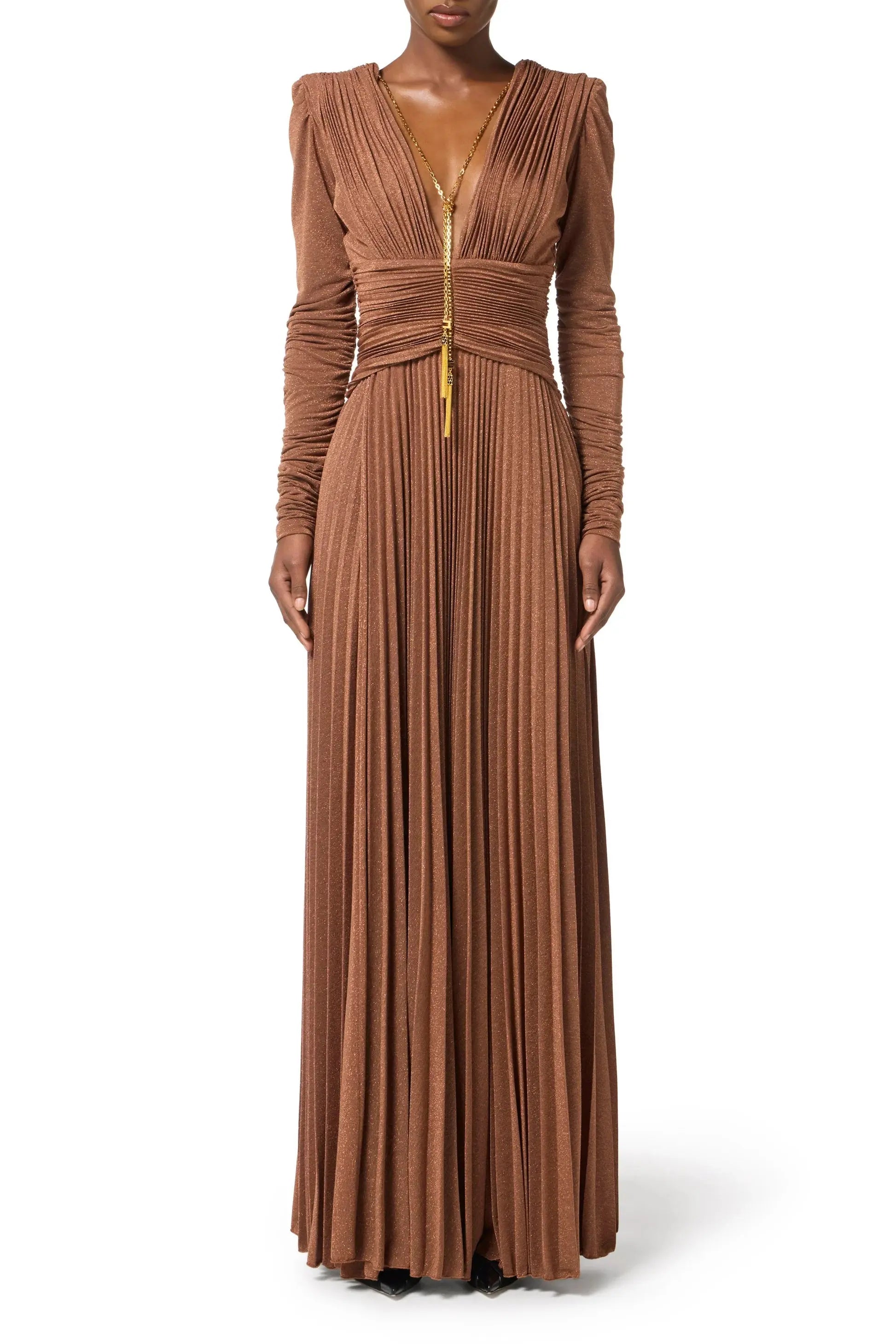 meroy Deep V puff sleeve pleated maxi dress in brown Avalabel