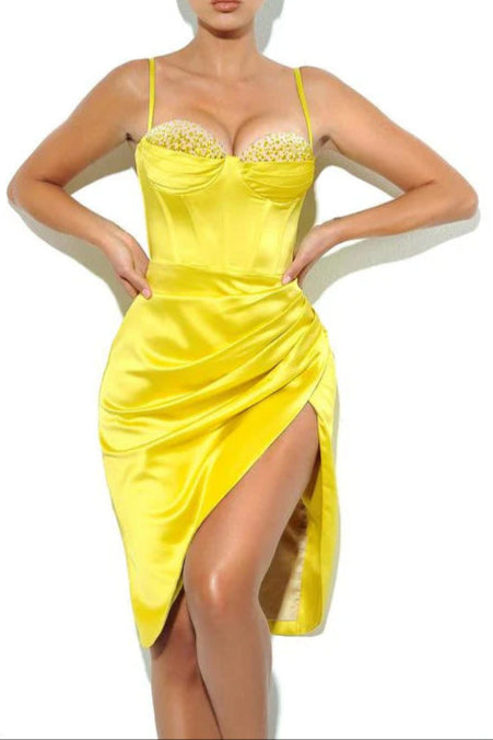Lemon Yellow Pleated Satin Mini Dress Avalabel