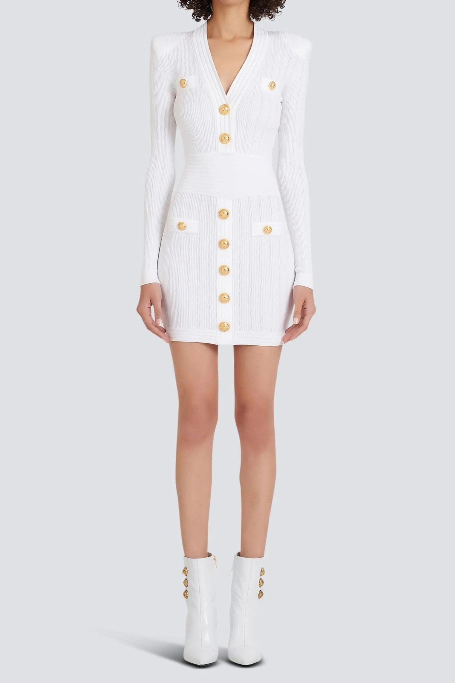 vicky v-neck button-detail ribbed mini dress in white Avalabel