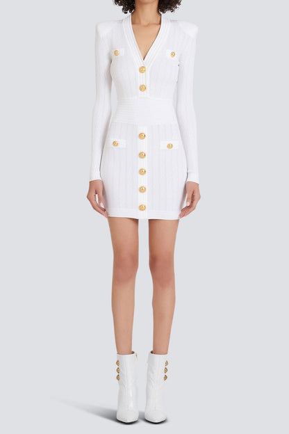 vicky v-neck button-detail ribbed mini dress in white