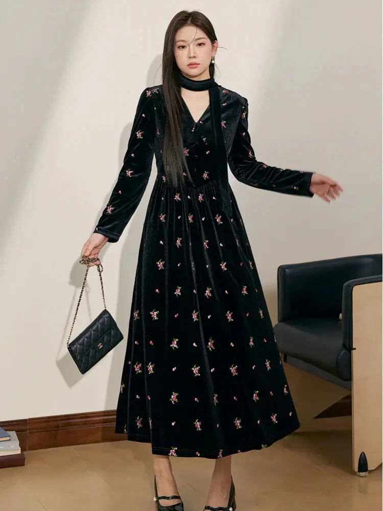 yuri v-neck Floral Embroidered Velvet maxi Dress in black Avalabel