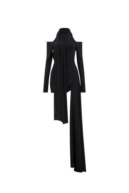 Black Off-Shoulder Bodycon Mini Dress with Cape