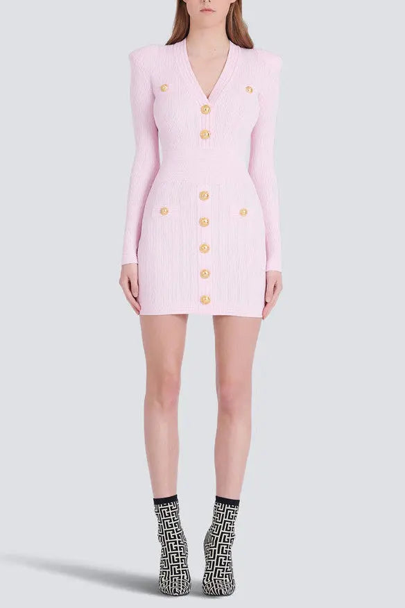 vicky v-neck button-detail ribbed mini dress in pink Avalabel