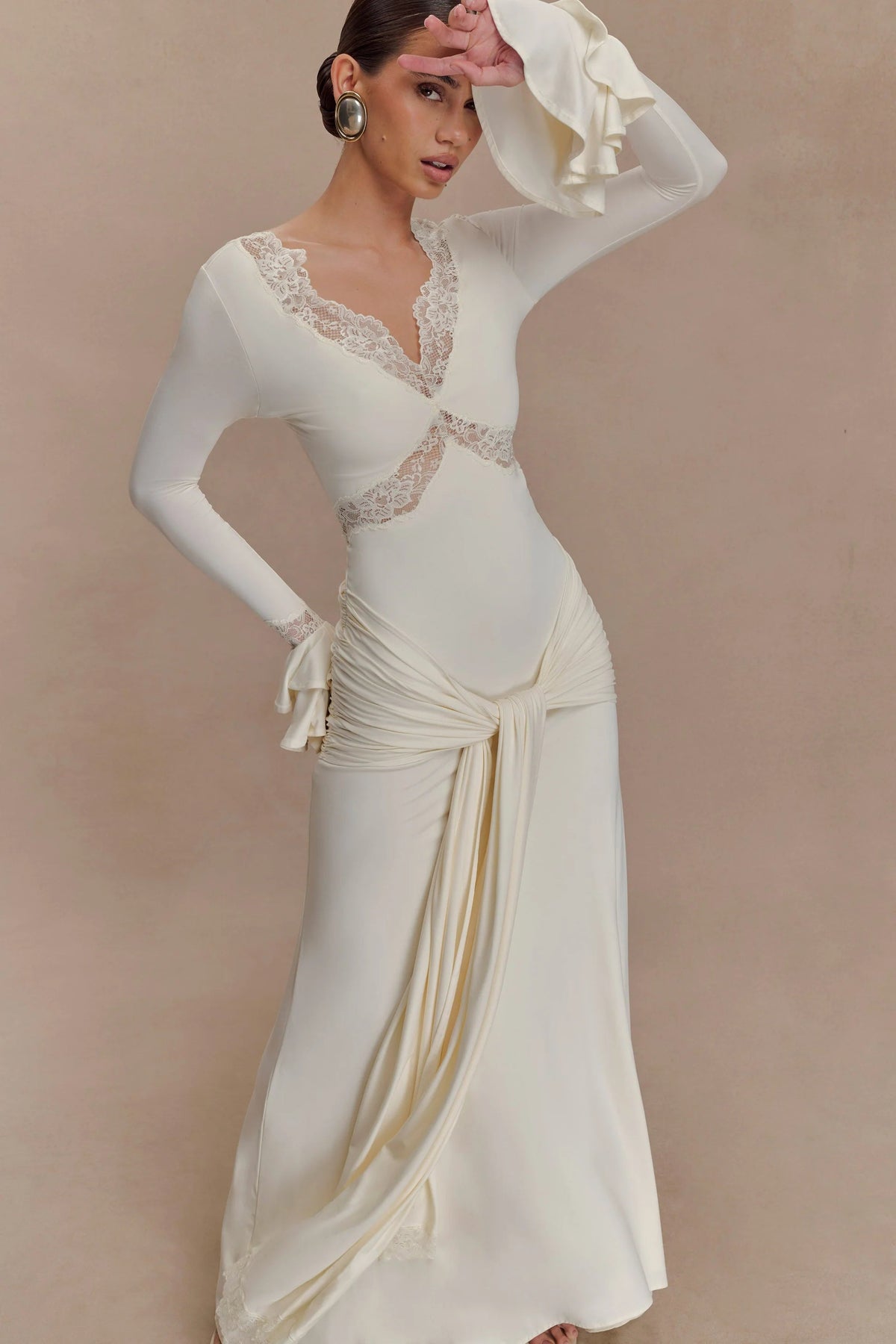 pamela V-neck lace see-through maxi dress in white Avalabel