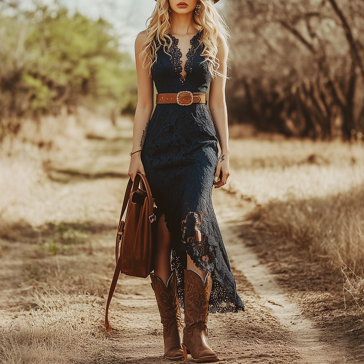 Bohemian Blue Lace Sleeveless Midi Dress Avalabel