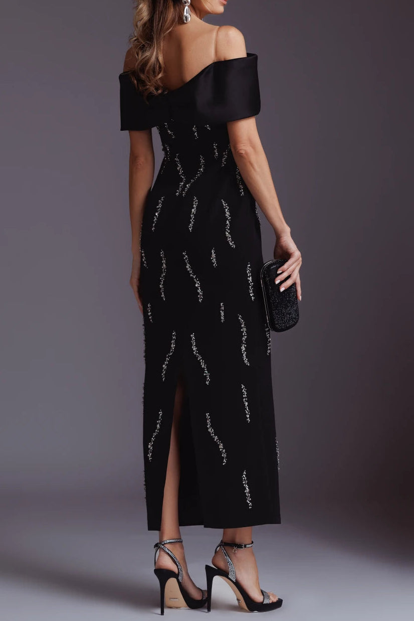 laurel Off-shoulder rhinestone bandage maxi dress in black Avalabel