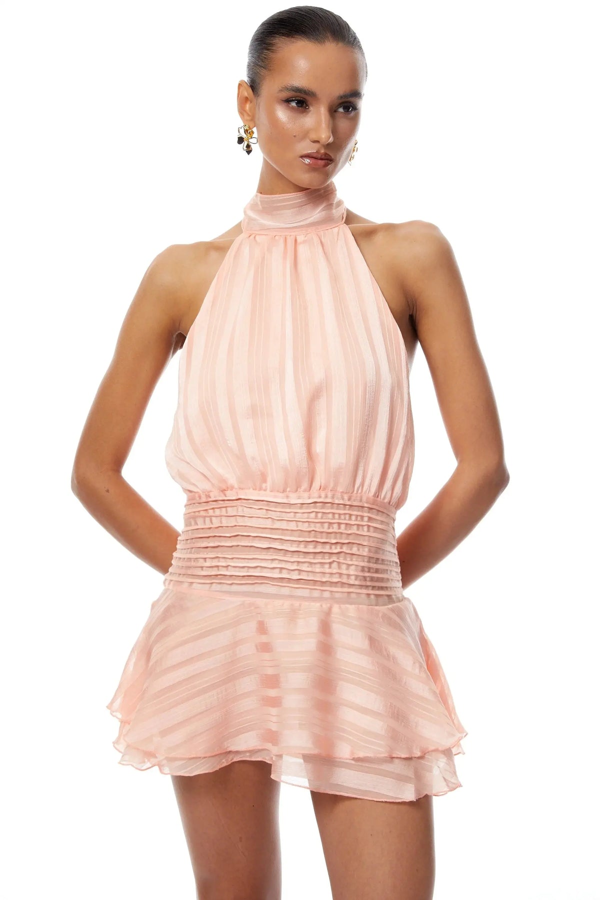 jane Halterneck Pleated Chiffon Mini Dress in pink Avalabel