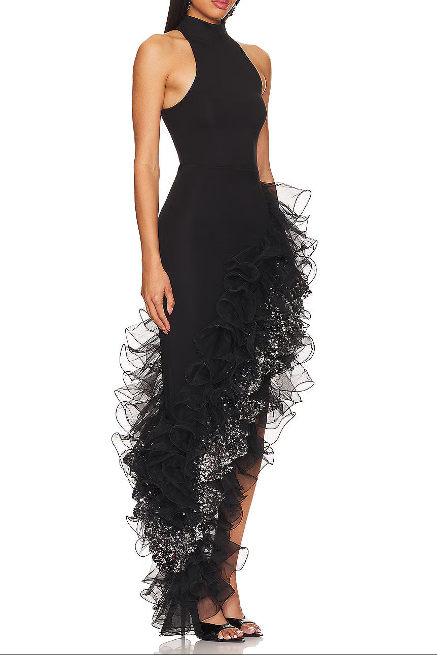 halter sleeveless Sequin Ruffle trim maxi dress in black Avalabel