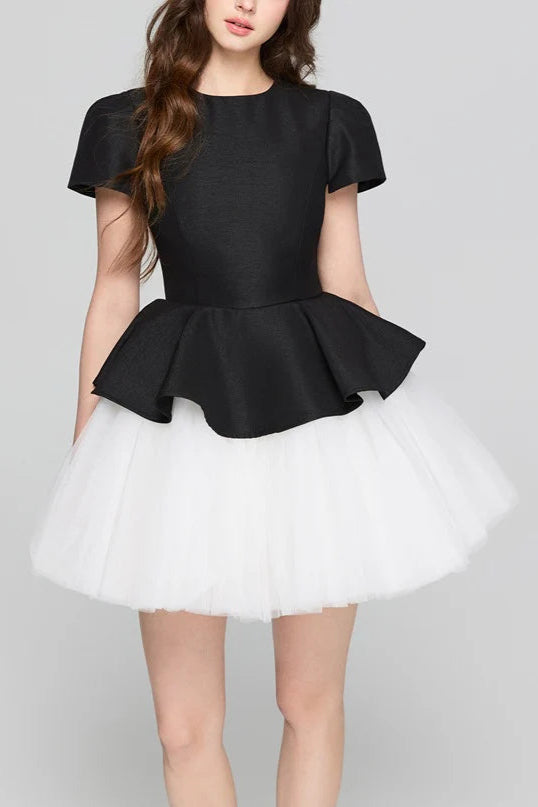 Two-Tone Velvet Ruffle Hem Puffy Mini Dress Avalabel