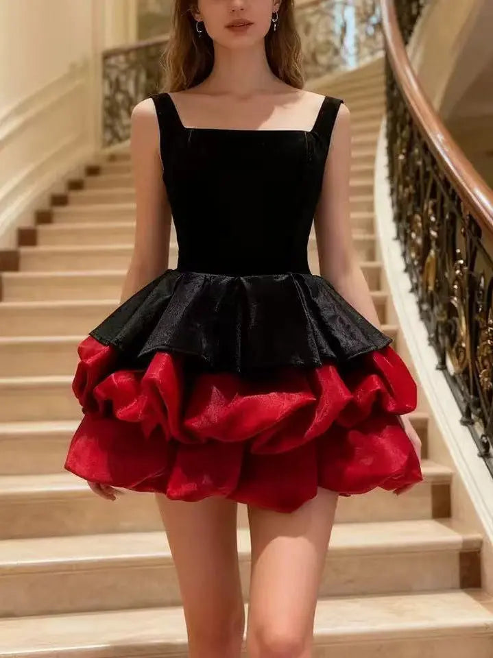 alexandra layer Wavy trim mini dress  - black/red Avalabel
