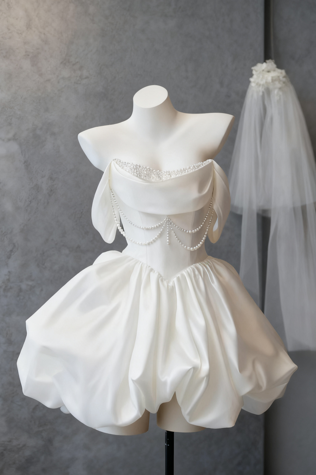 White Satin Beaded Off Shoulder Mini Dress Avalabel