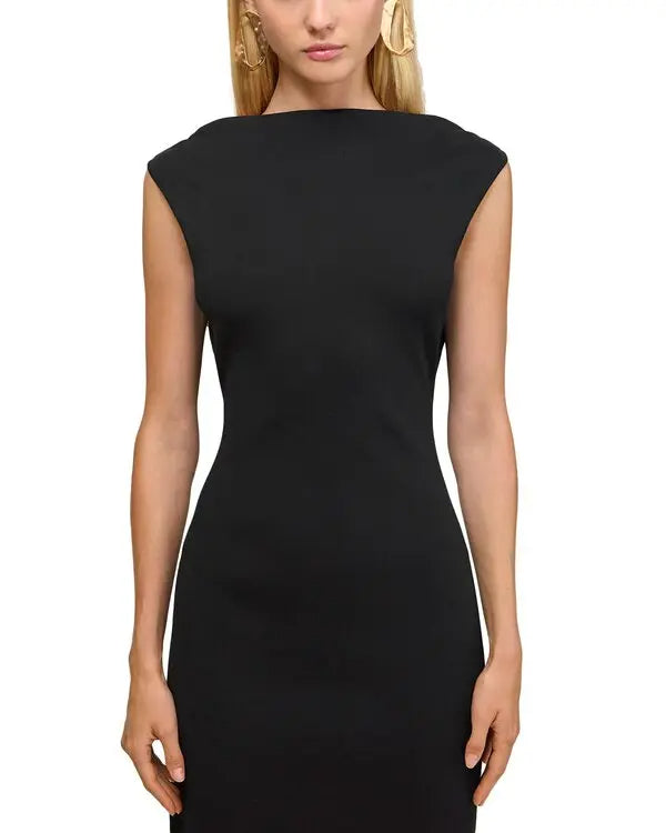 black sleeveless backless knit midi dress with two pleated golden embellishments Avalabel