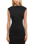 black sleeveless backless knit midi dress with two pleated golden embellishments Avalabel