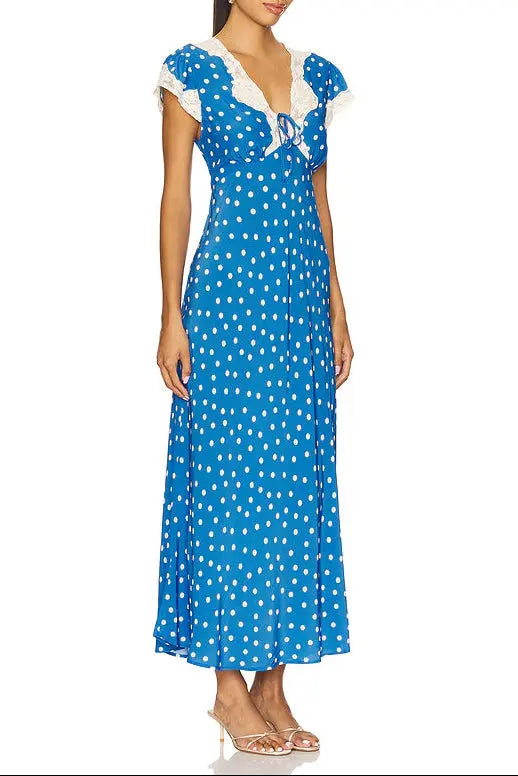 Lyuba Polka Dot Lace-Trimmed V-Neck Maxi Dress in Blue Avalabel