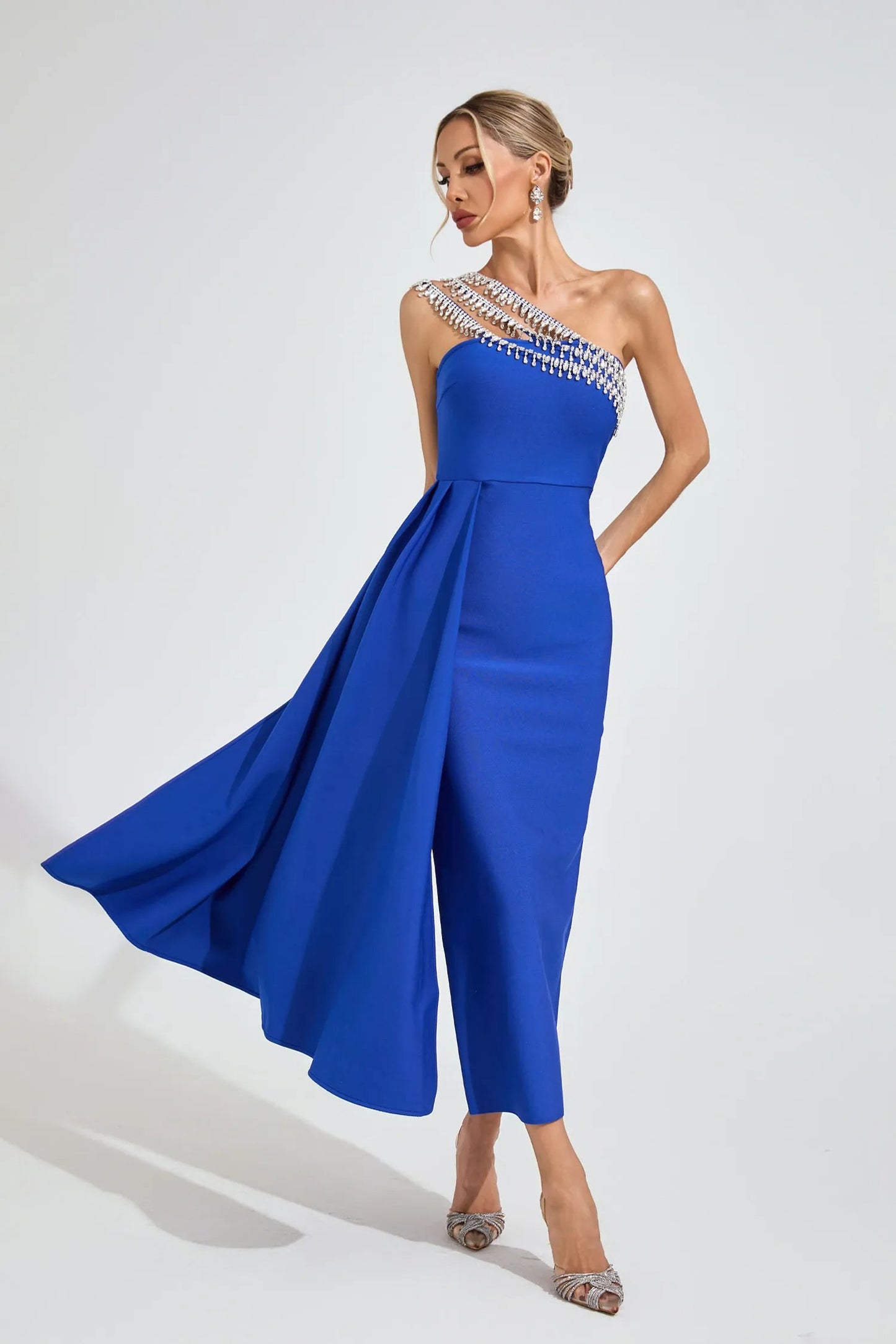 Philipppa Diamond Embellished Strapless Maxi Dress in Blue