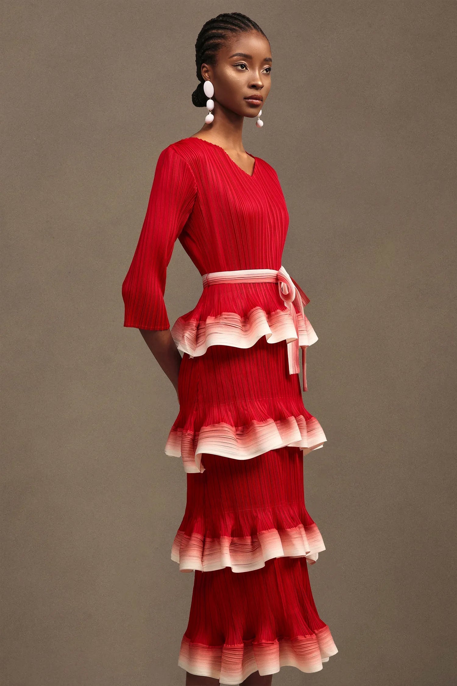 victoria Pleated Round Neck Long Sleeve Falbala Woven Maxi Dress in red Avalabel