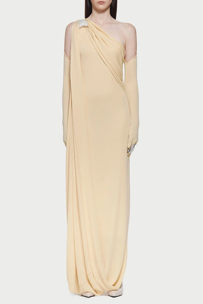 xaviera one-shoulder pleated backless maxi dress in yellow