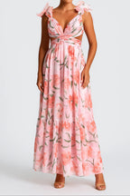 Floral Print Ruffled Backless Maxi Dress in Pink Avalabel