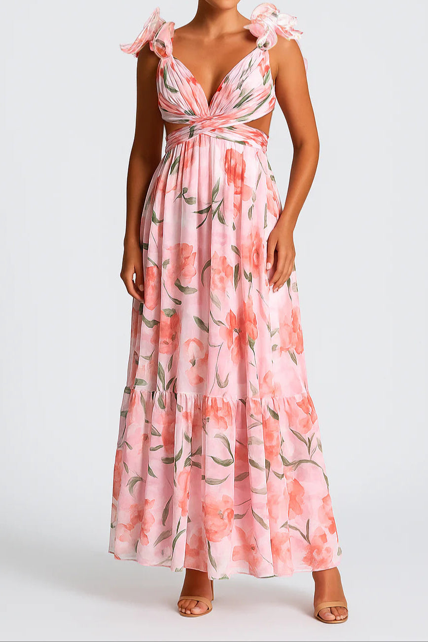 Floral Print Ruffled Backless Maxi Dress in Pink Avalabel