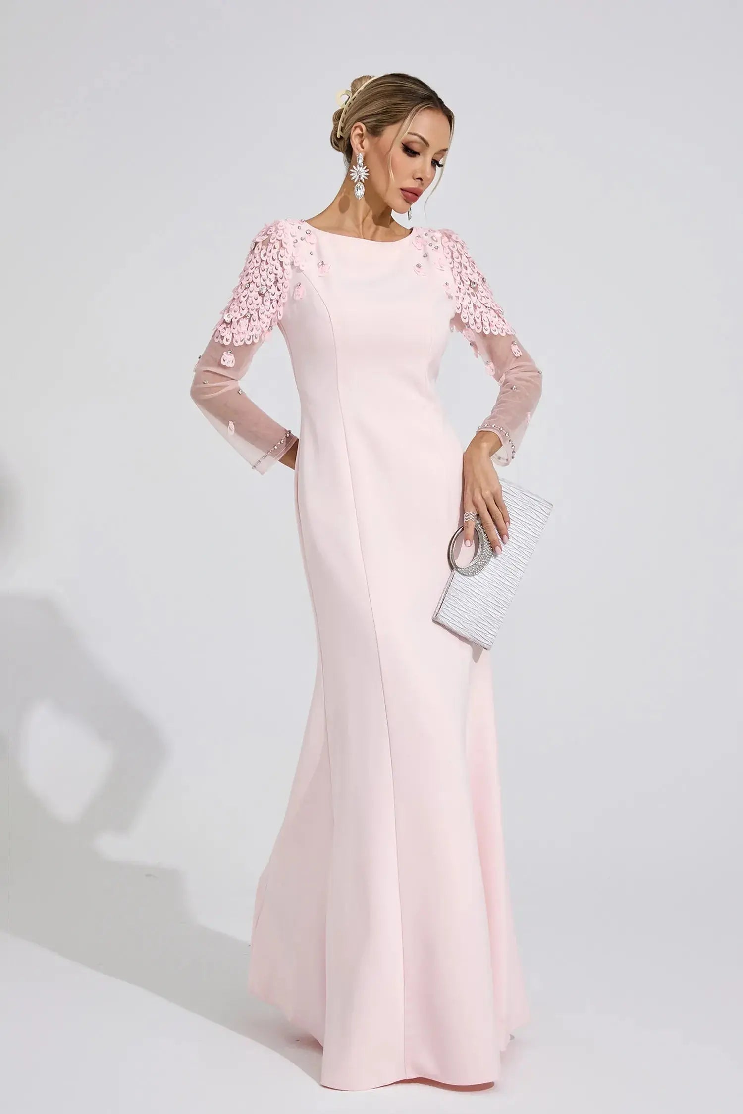 Victoria Pink Sequin Mesh Sleeve Maxi Dress Avalabel