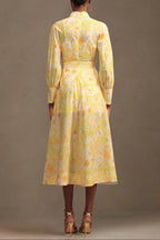 xaviera Long Sleeve Floral Printed Chiffon Maxi Dress in yellow Avalabel