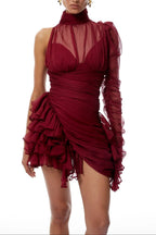 joanne Asymmetrical Ruffled Tulle Mini dress in Burgundy Avalabel