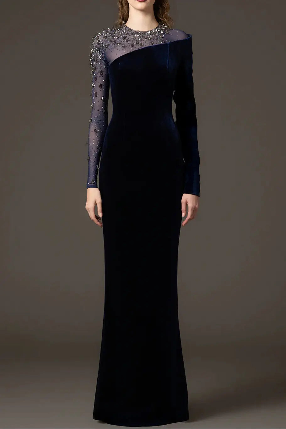 riva crystal patchwork Velvet Column maxi Dress in dark blue Avalabel