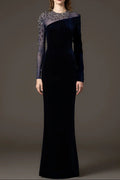 riva crystal patchwork Velvet Column maxi Dress in dark blue Avalabel