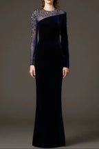 riva crystal patchwork Velvet Column maxi Dress in dark blue Avalabel