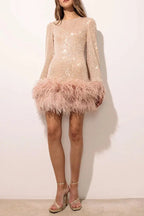 murray pale pink sequin feather trim backless mini dress Avalabel