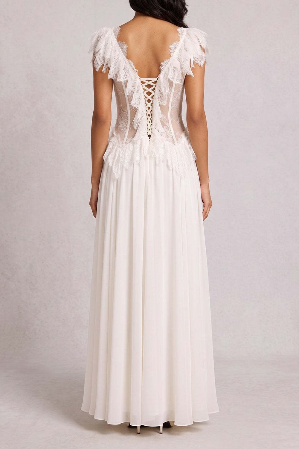 Off Shoulder 3D Floral Lace Corset Chiffon Maxi Dress poava