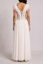 Off Shoulder 3D Floral Lace Corset Chiffon Maxi Dress poava